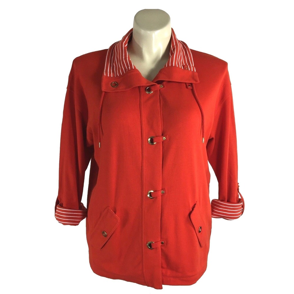 Jones NY‎ Jacket XL Red Orange White Drawstring Collar Gold Buckle Nautical